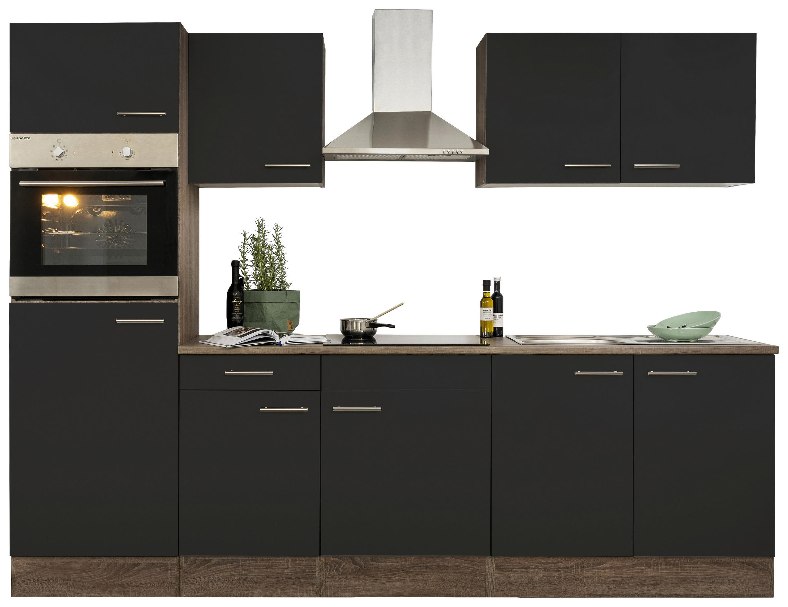 KÜCHENBLOCK 270 cm Schwarz, Eichefarben E-Geräte, Spüle, Dunstabzug, Ab- und Überlaufgarnitur - Edelstahlfarben/Eichefarben, Design, Metall (270cm) - Respekta