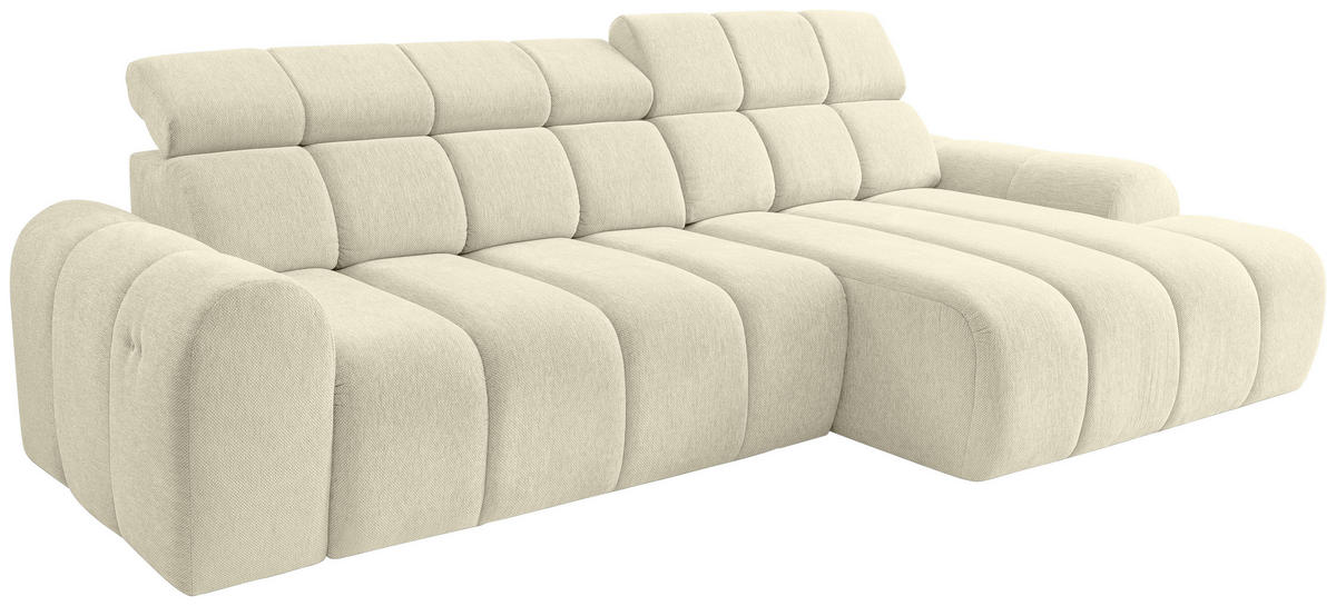 ECKSOFA Creme Chenille Bettkasten, Rücken echt, Kopfteilverstellung, Sitzvorzug  - Creme/Schwarz, Design, Kunststoff/Textil (290/152cm) - Stylife
