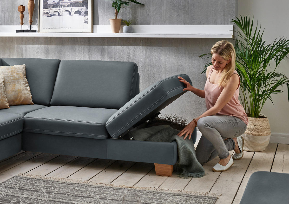 ECKSOFA Echtleder Blaugrau  - Eichefarben/Beige, Konventionell, Leder/Holzwerkstoff (274/235cm) - Beldomo Premium