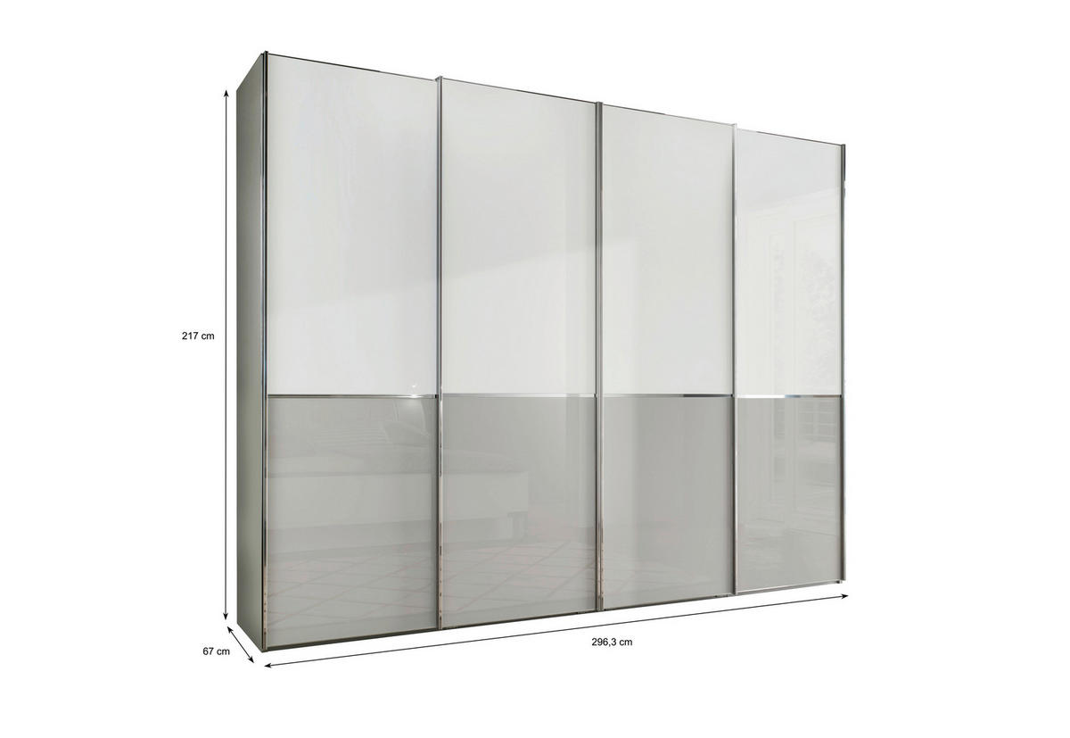 SCHWEBETÜRENSCHRANK  in Grau, Weiß  - Chromfarben/Weiß, KONVENTIONELL, Glas/Holzwerkstoff (300/217/67cm) - Novel