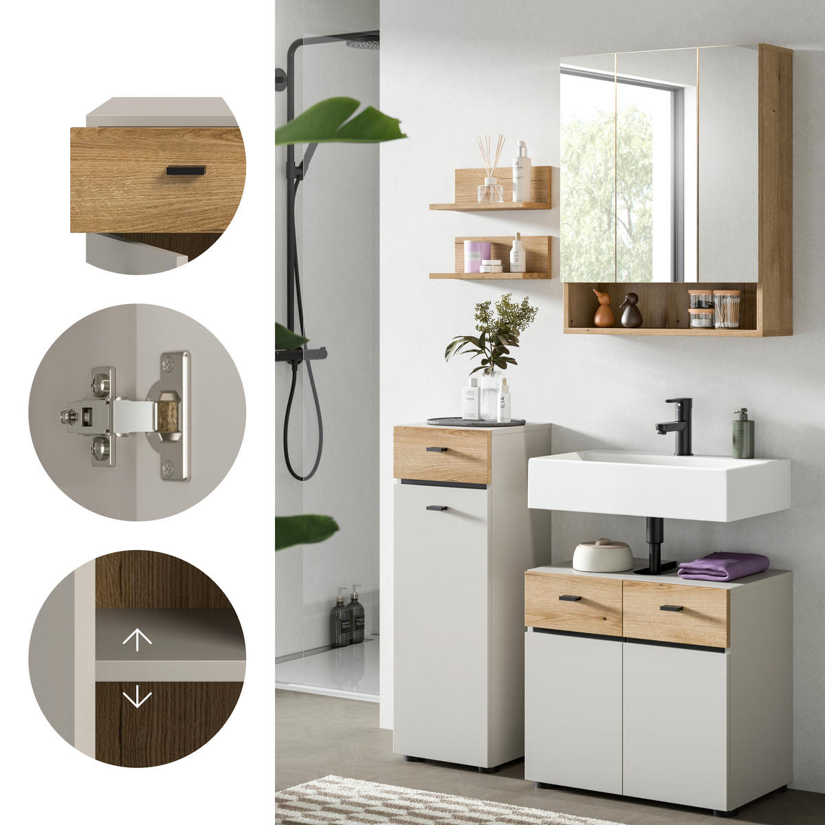BADEZIMMER 4-teilig  in 92 cm  - Kaschmir/Eichefarben, Trend, Glas/Holzwerkstoff (92cm) - MID.YOU
