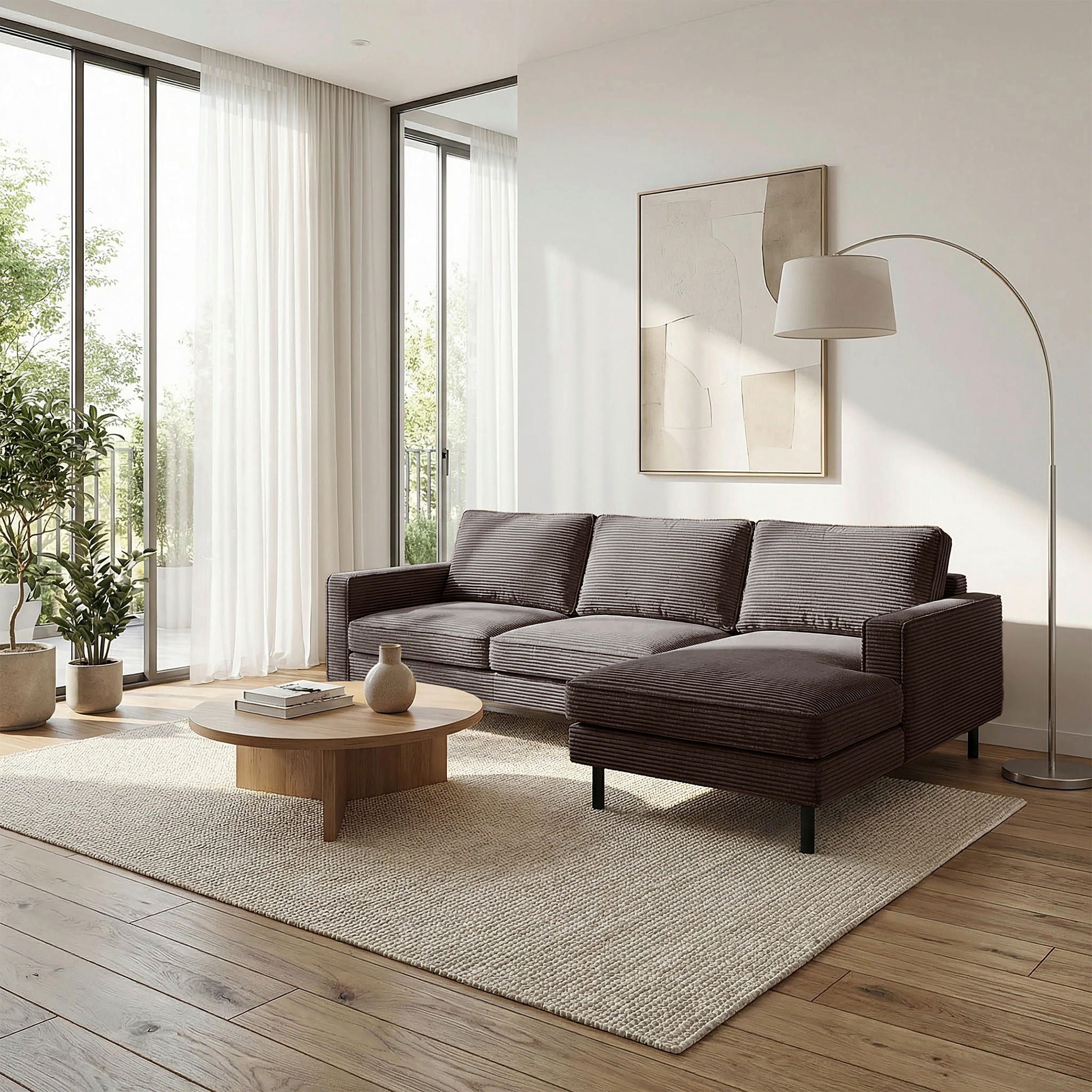 ECKSOFA Taupe Cord Rücken echt  - Taupe/Schwarz, Design, Textil/Metall (238/166cm) - Livetastic
