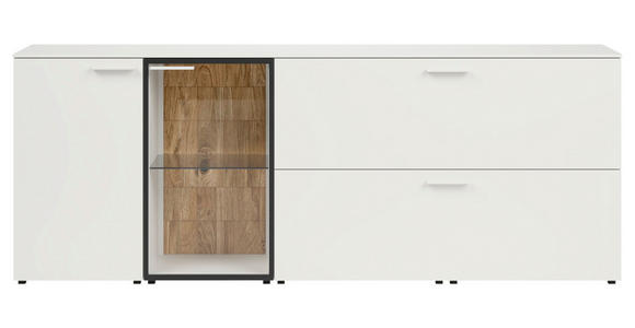 SIDEBOARD Eiche massiv Weiß, Eichefarben Einlegeböden  - Eichefarben/Schwarz, Design, Glas/Holz (210/80/42cm) - Moderano