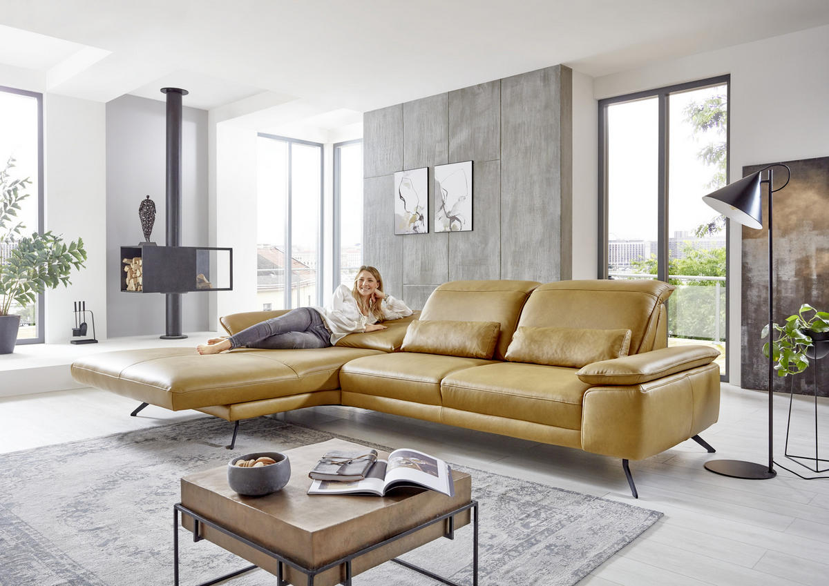 ECKSOFA in Echtleder Hellbraun  328/193 cm  - Hellbraun/Schwarz, Design, Leder/Metall (328/193cm) - Dieter Knoll