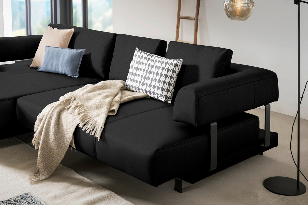 ECKSOFA in Echtleder Schwarz  - Schwarz, Design, Leder/Metall (188/307cm)