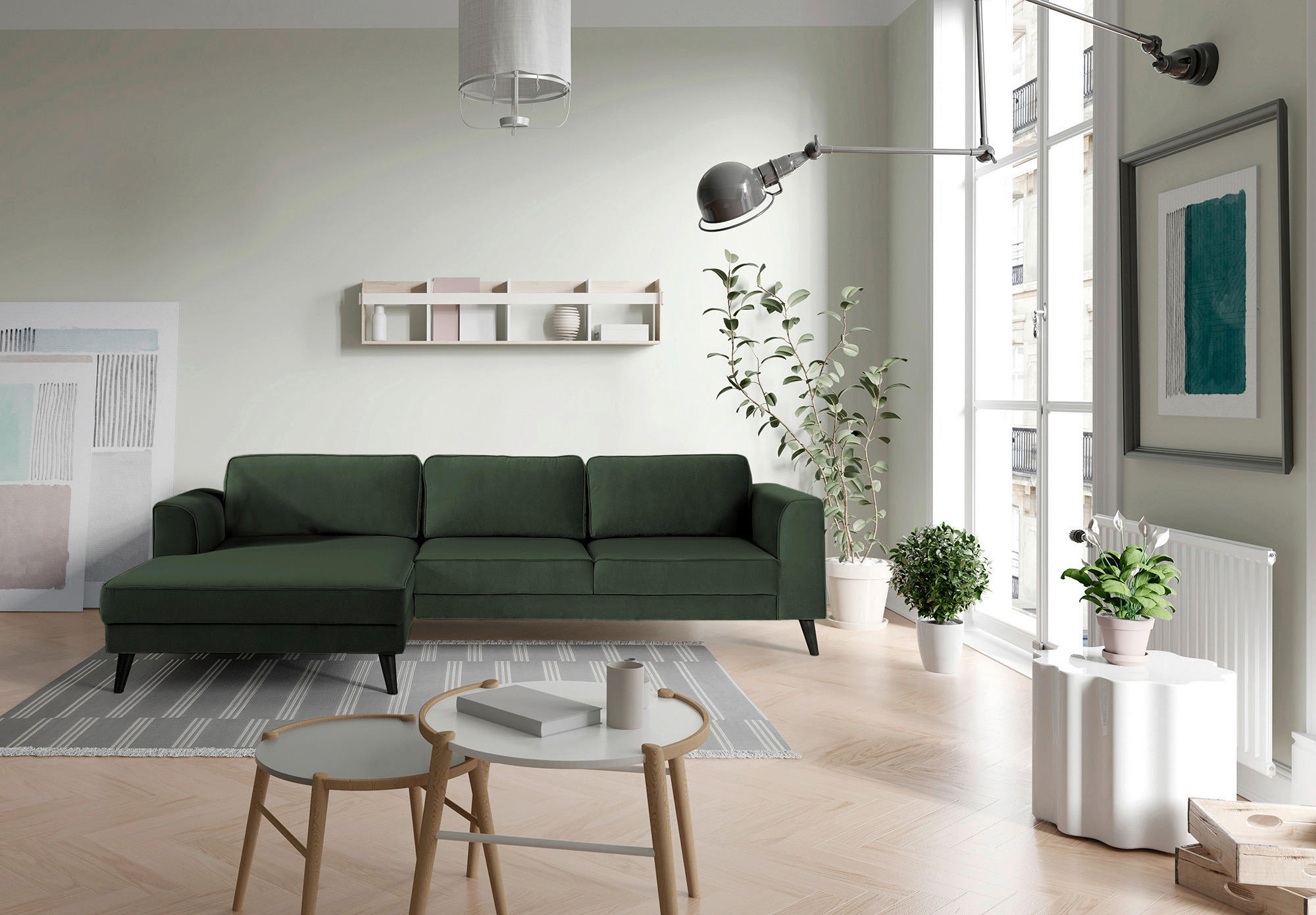ECKSCHLAFSOFA in Velours Dunkelgrün - Wengefarben/Dunkelgrün, Modern, Holz/Textil (277/167cm) - Trendmanufaktur