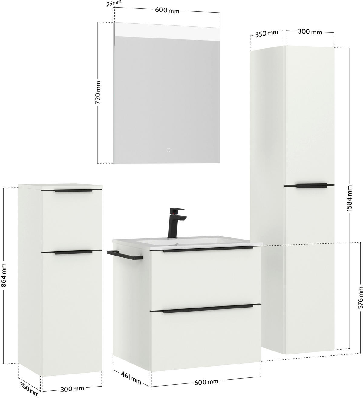 BADEZIMMER 5-teilig  in 121 cm  - Schwarz/Weiß, MODERN, Holzwerkstoff/Stein (121cm) - Nobilia