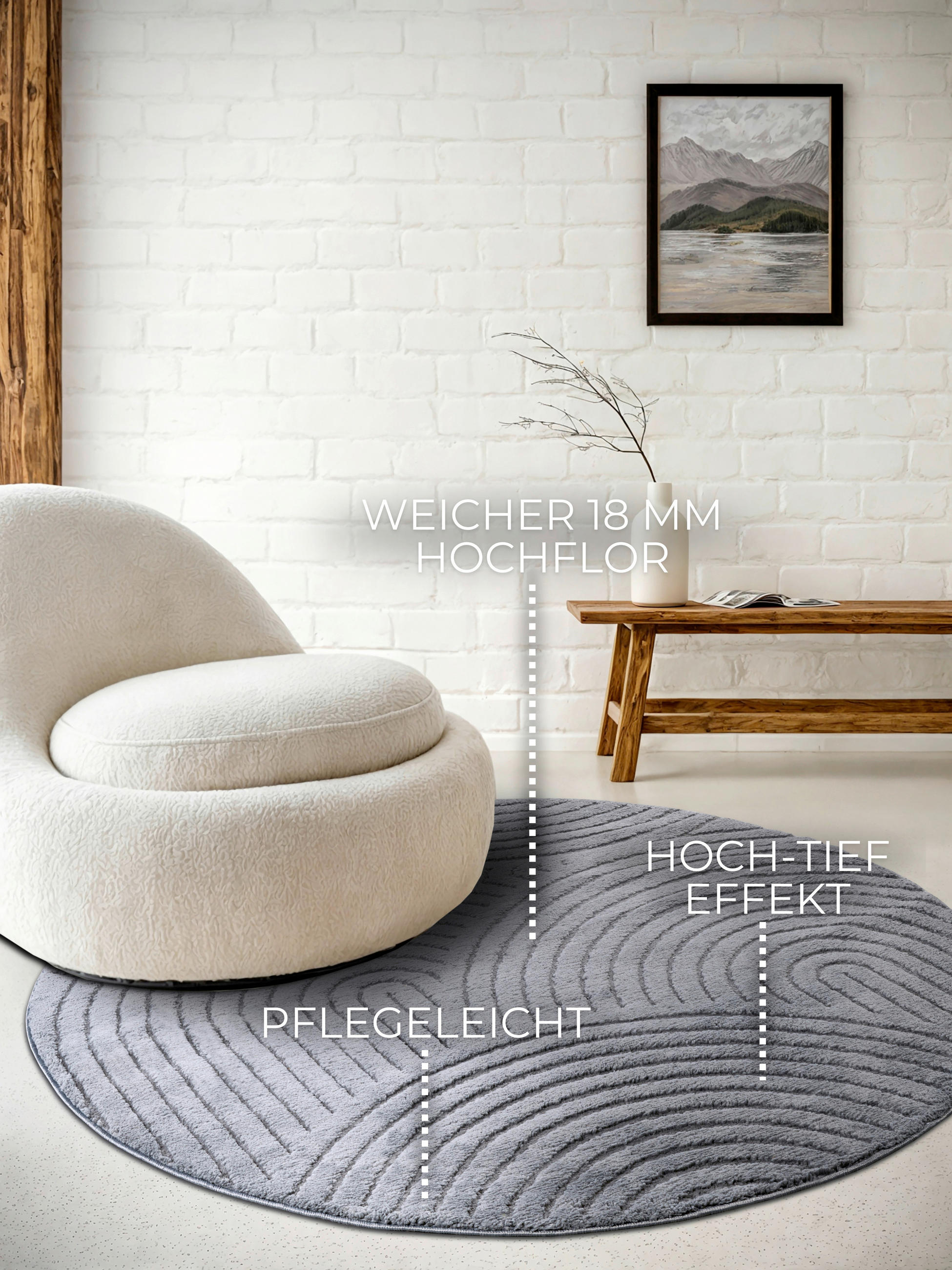 Thumbnail - Elle Decoration Hochflorteppich New York, Anthrazit, Textil, Wellen, rund, Oeko-Tex® Standard 100, für Fußbodenheizung g...