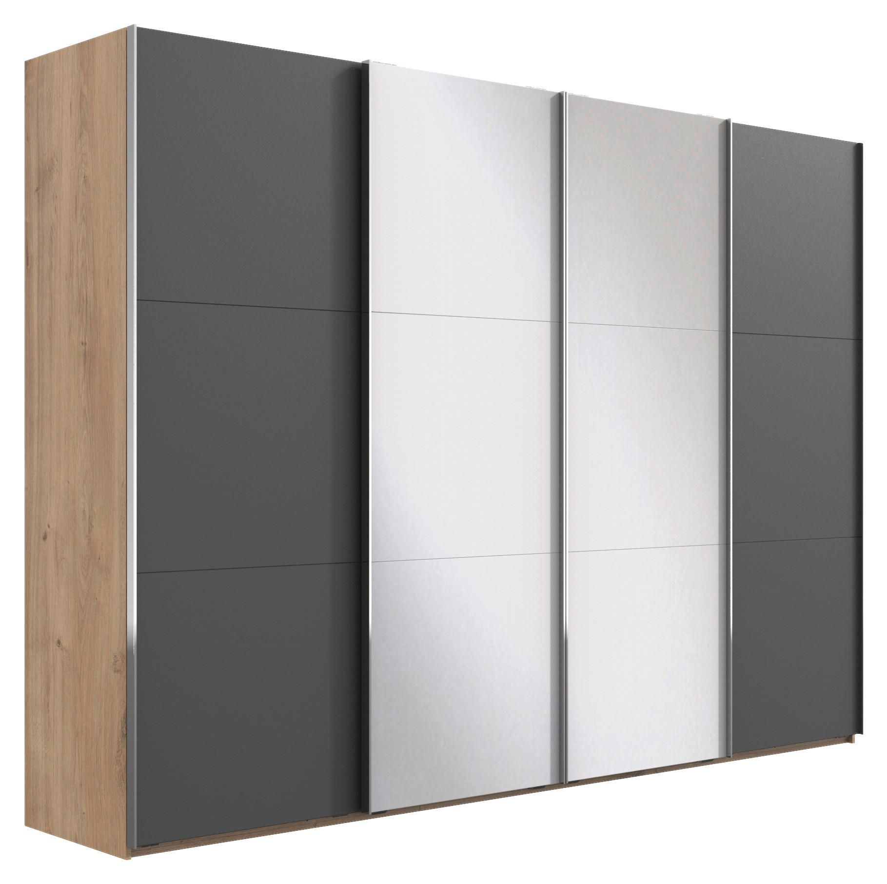 SCHWEBETÜRENSCHRANK 350/216/65 cm 4-türig Graphitfarben, Eichefarben  - Chromfarben/Eichefarben, Basics, Glas/Holzwerkstoff (350/216/65cm) - MID.YOU