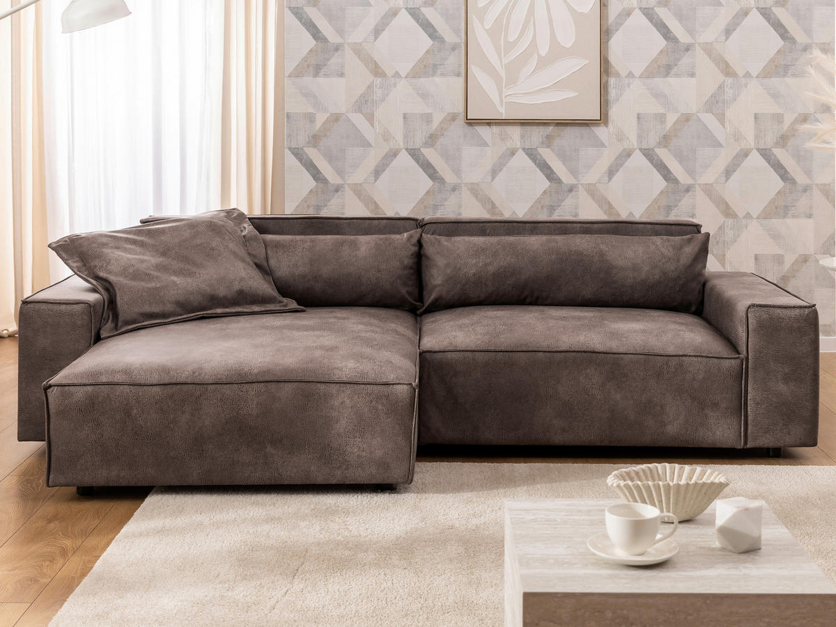 ECKSOFA Curduroy in Lederlook Graubraun Rückenkissen  251/142 cm  - Graubraun/Schwarz, Design, Kunststoff/Textil (251/142cm) - P & B