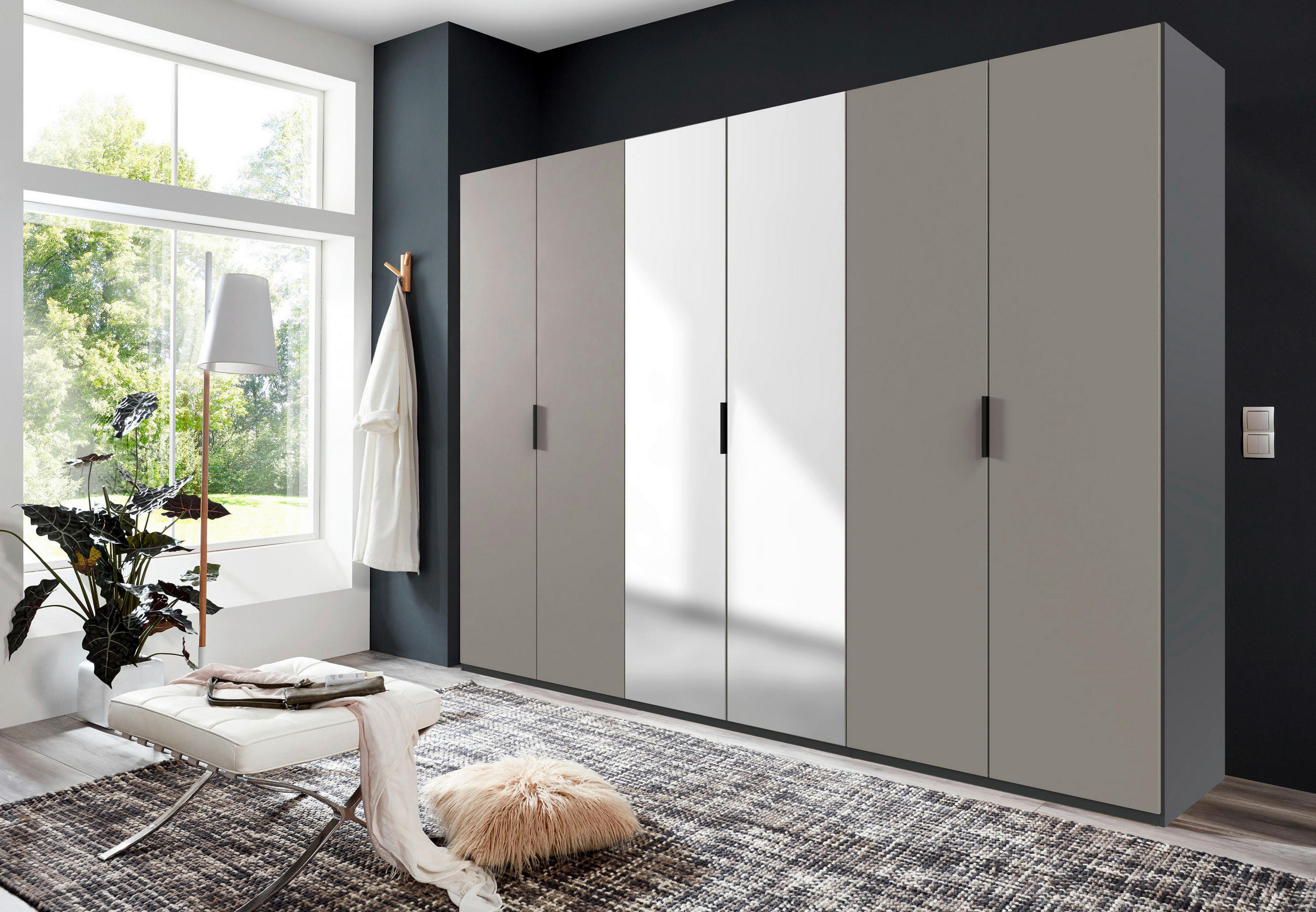 FALTTÜRENSCHRANK 300/216/58 cm 6-türig Graphitfarben, Grau, Sahara  - Schwarz/Graphitfarben, Design, Glas/Holzwerkstoff (300/216/58cm) - Boxxx