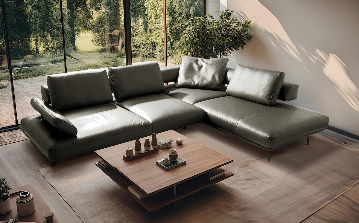 ECKSOFA  in Echtleder Grau  306/237 cm  - Schwarz/Grau, Design, Leder/Metall (306/237cm) - Livetastic