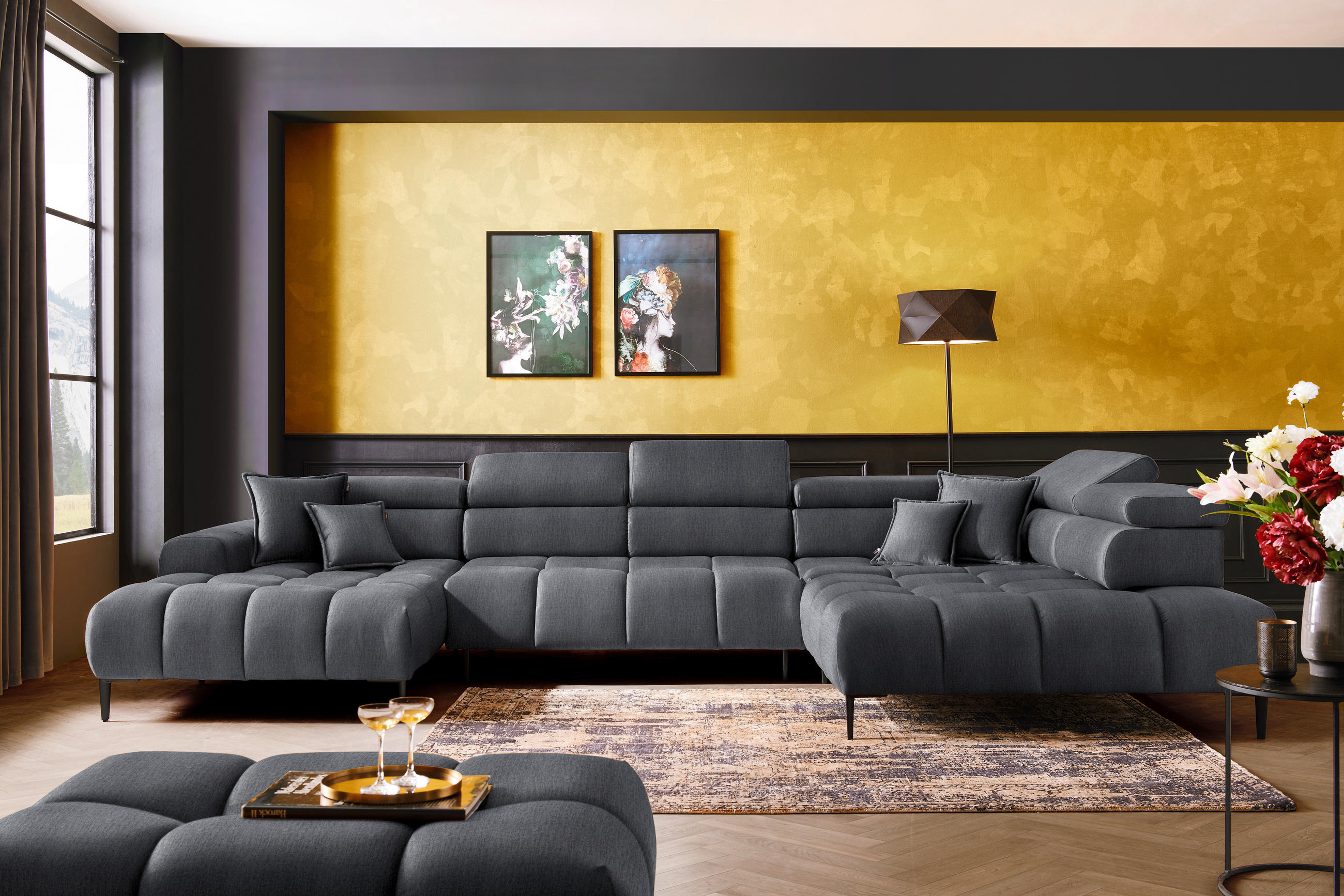 WOHNLANDSCHAFT in Samt, Webstoff Grau  - Schwarz/Grau, Design, Textil/Metall (216/385/177cm) - Welnova
