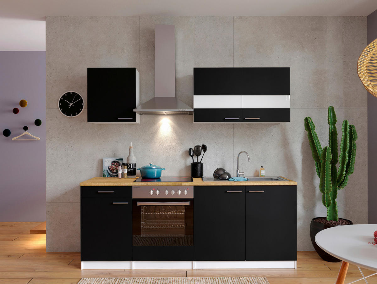 KÜCHENBLOCK 210 cm   in Schwarz  - Edelstahlfarben/Nussbaumfarben, Basics, Holzwerkstoff/Metall (210cm) - Respekta