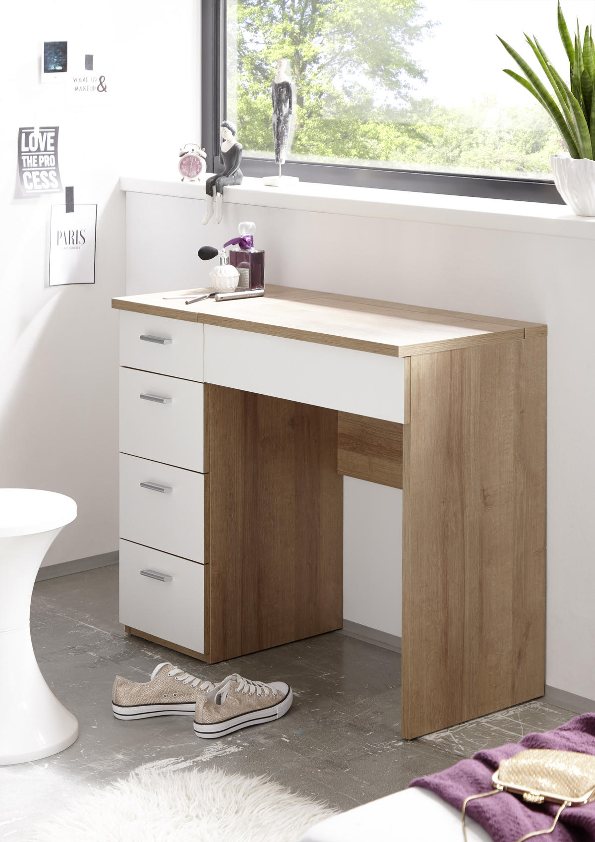 STO ZA ŠMINKANJE bela, sonoma hrast  - sonoma hrast/bela, Dizajnerski, pločasti materijal/plastika (90/76/42cm) - Xora