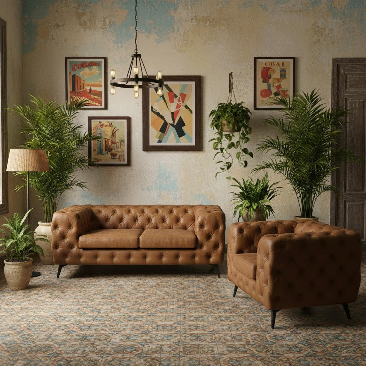 CHESTERFIELD-SOFA  in Lederlook Braun, Schwarz  - Schwarz/Braun, KONVENTIONELL, Textil/Metall (195/75/97cm) - Landscape