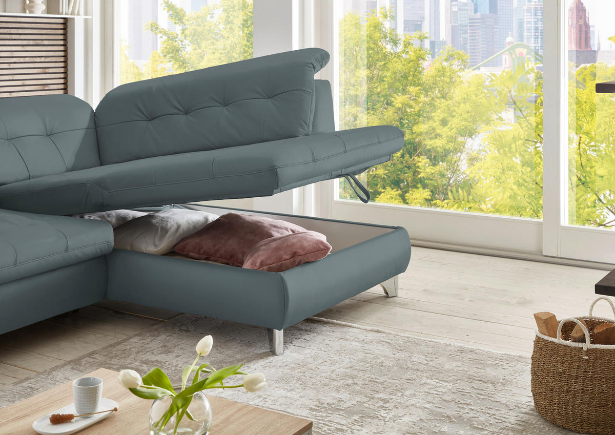 ECKSOFA in Echtleder Blaugrau  - Blaugrau/Alufarben, Design, Leder/Metall (309/211cm) - Beldomo Speed