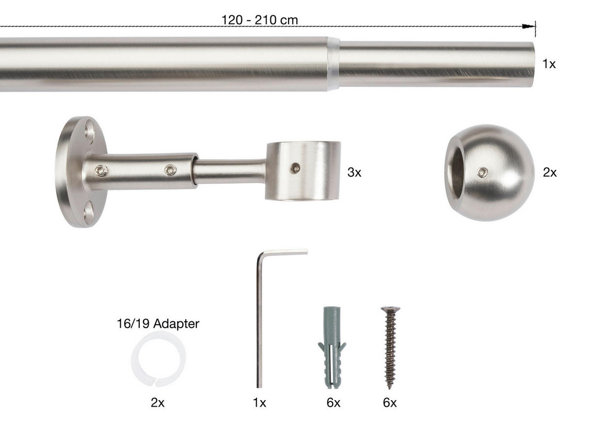 VORHANGSTANGENSET   - Grau Hochglanz, Basics, Metall (120/8/3.3cm)