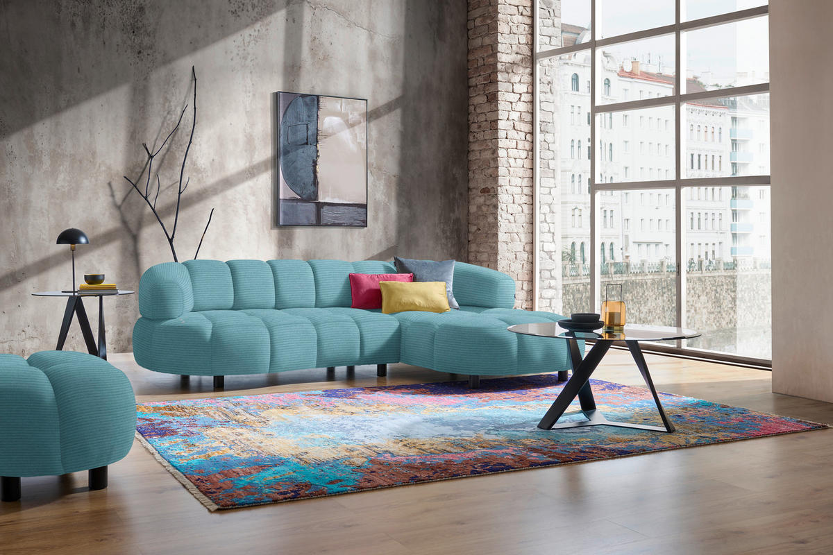 ECKSOFA in Cord, Velours Hellblau  - Schwarz/Hellblau, Design, Holz/Textil (284/183cm) - Welnova