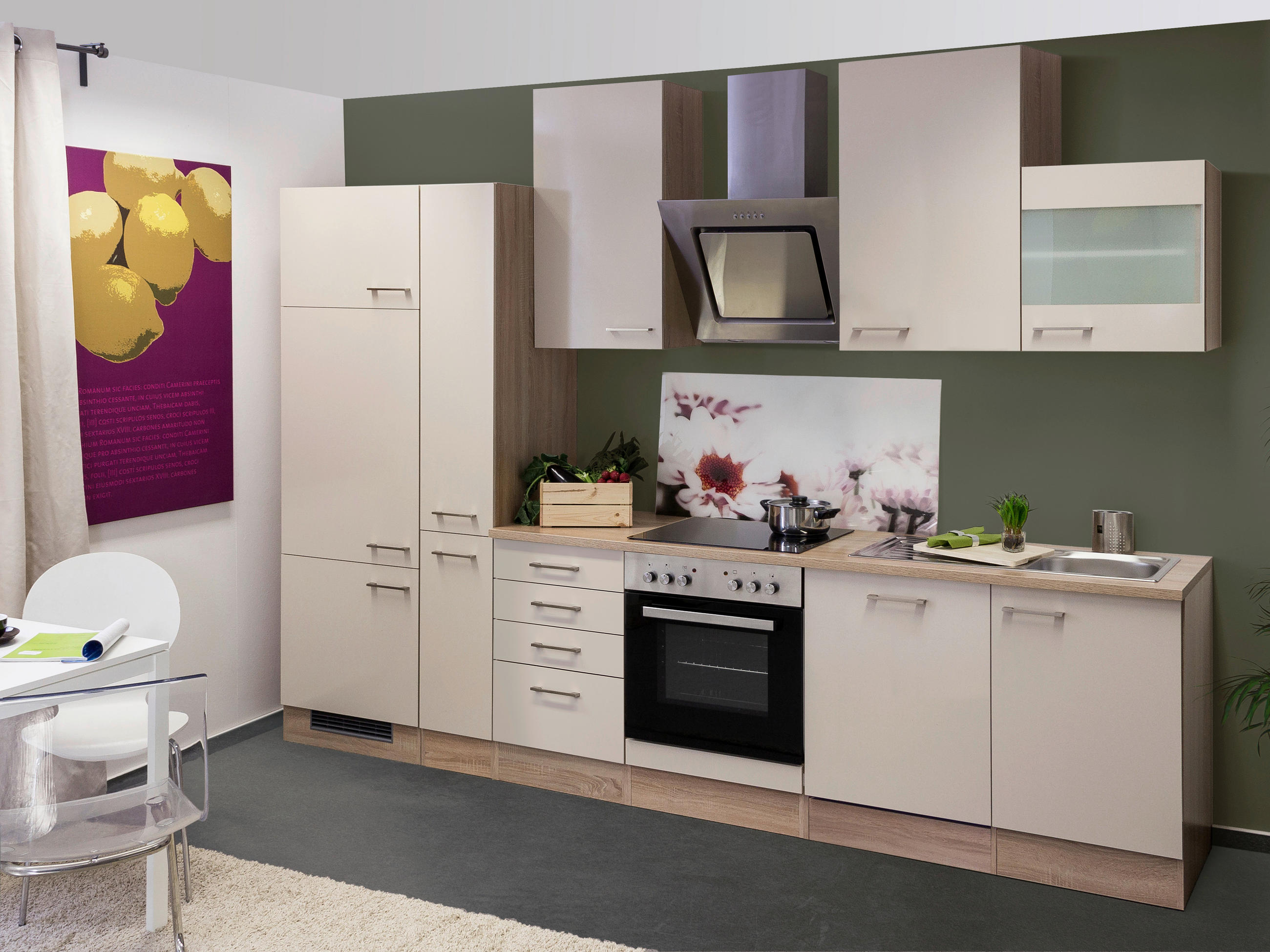 KÜCHENBLOCK 310 cm   in Kaschmir  - Kaschmir/Edelstahlfarben, MODERN, Holzwerkstoff/Metall (310cm) - FlexWell