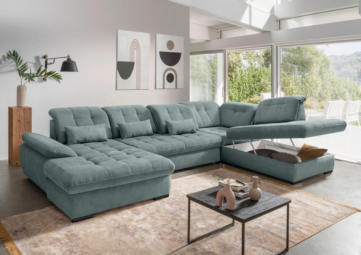 WOHNLANDSCHAFT in Chenille Blau  - Blau/Schwarz, Modern, Textil/Metall (184/387/252cm) - Livetastic