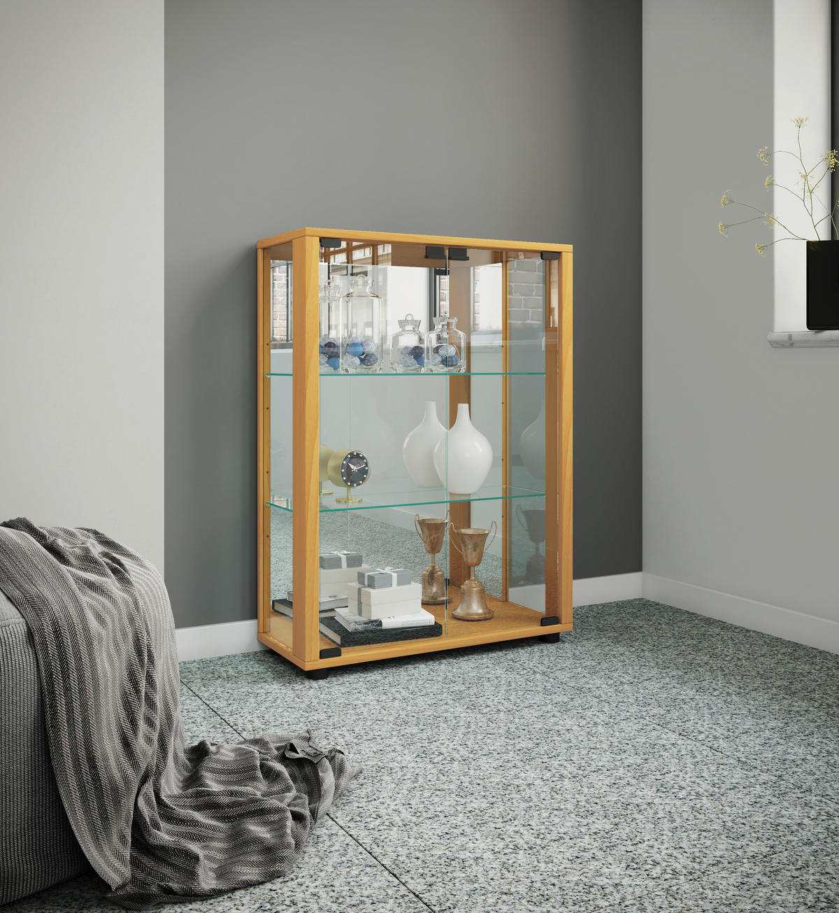 VITRINE in Buchefarben  - Buchefarben/Schwarz, Modern, Glas/Holzwerkstoff (60/80/25cm) - MID.YOU