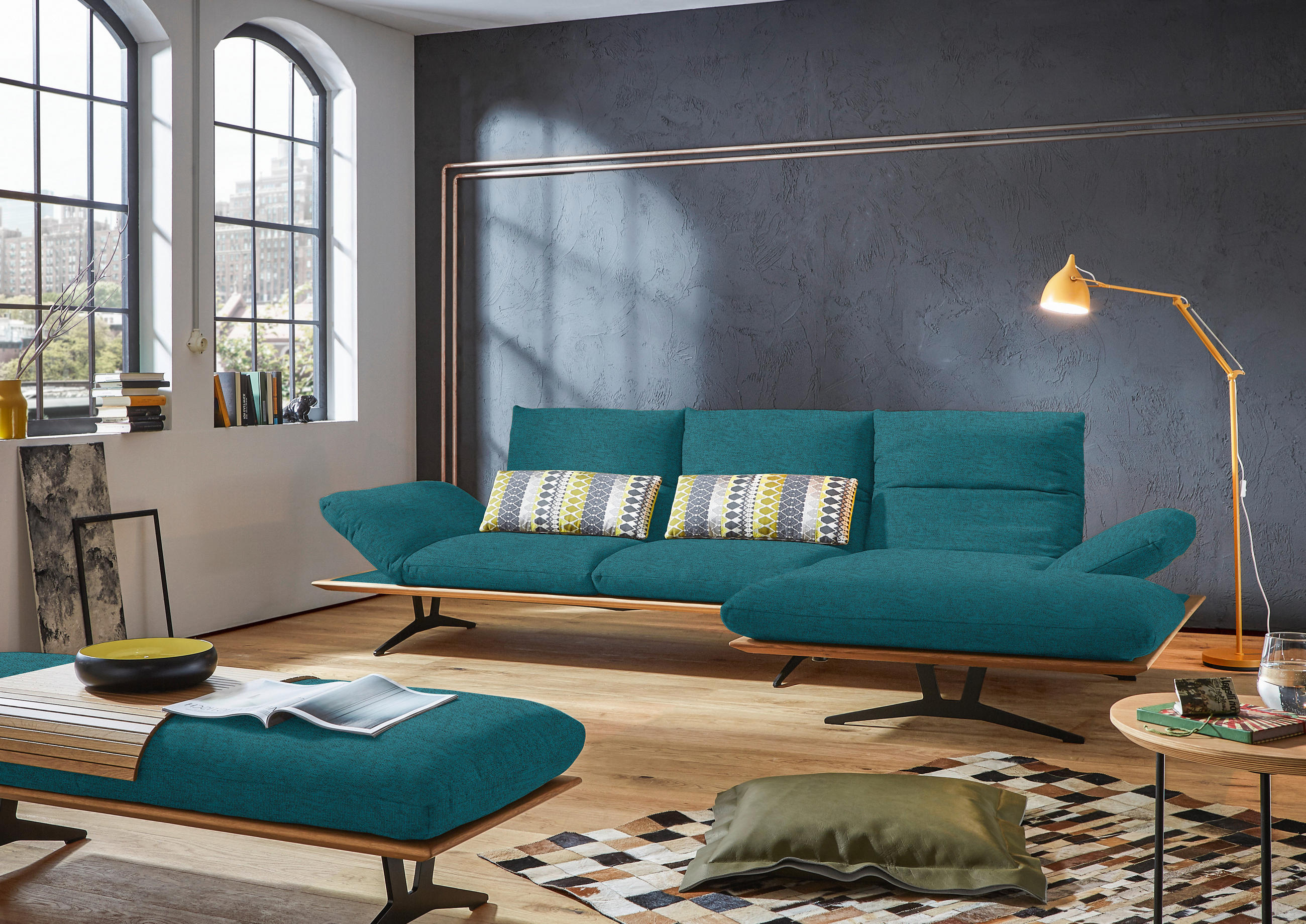 ECKSOFA in Flachgewebe Petrol  314/159 cm  - Petrol/Schwarz, Design, Holz/Textil (314/159cm) - Dieter Knoll