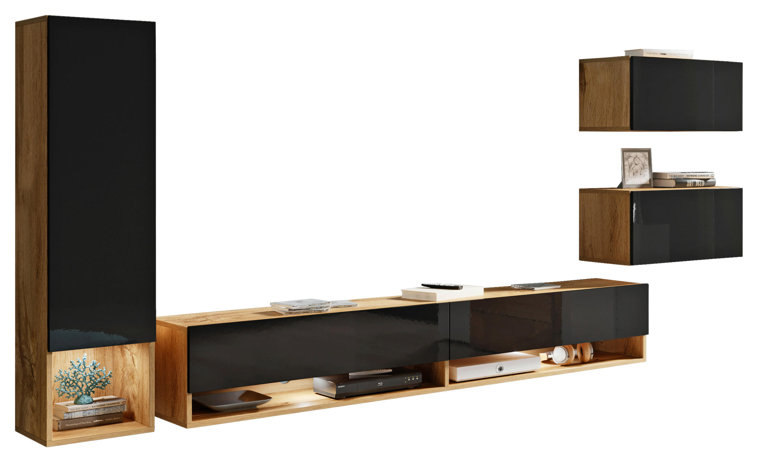 Set Mobilă Living, 4 piese, stejar Wotan, negru lucios intens, 270/130/32,5 cm