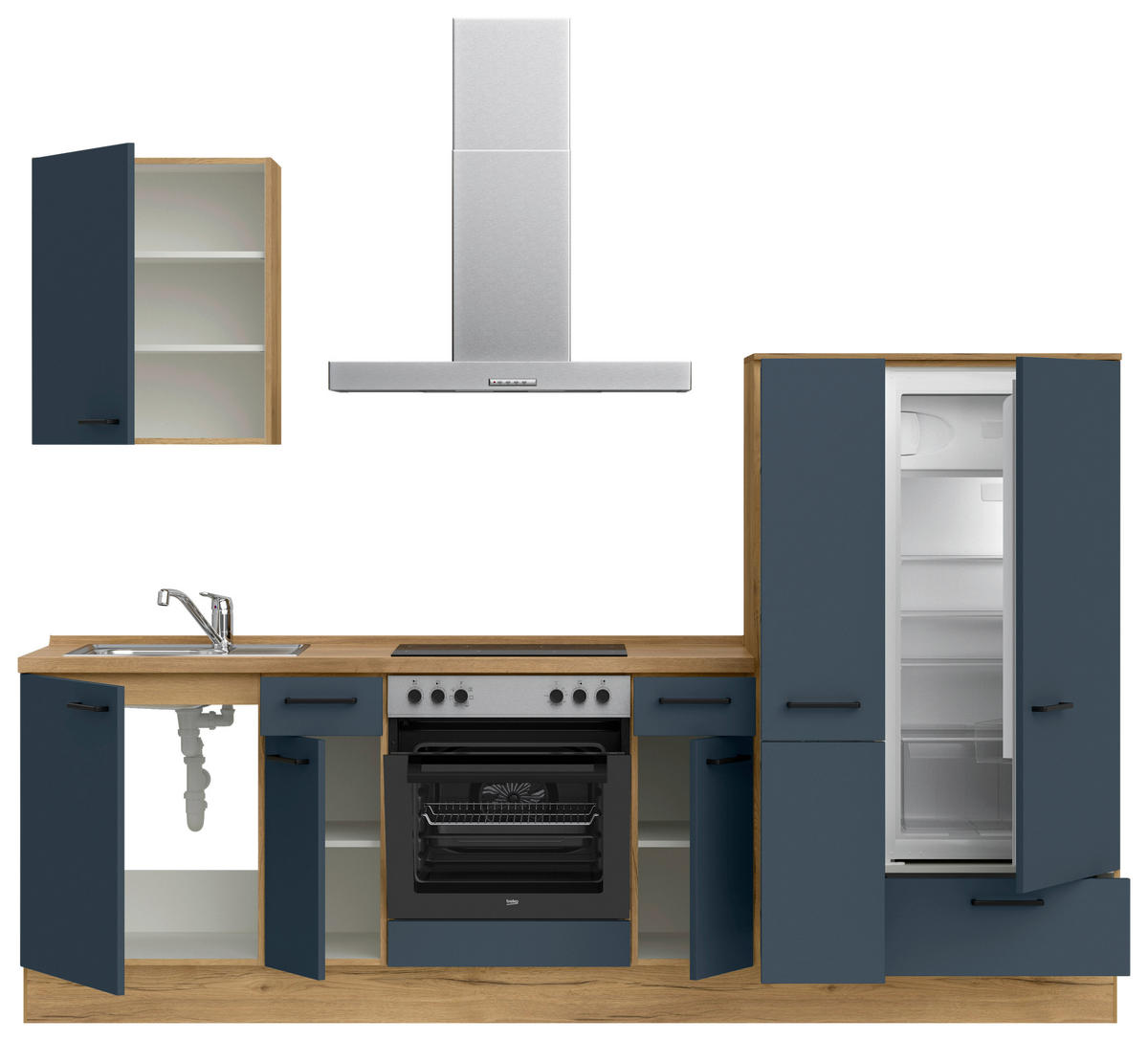 KÜCHENBLOCK Easytouch 270 cm  in Blau, Eichefarben  - Blau/Eichefarben, MODERN, Holzwerkstoff/Metall (270cm) - Nobilia