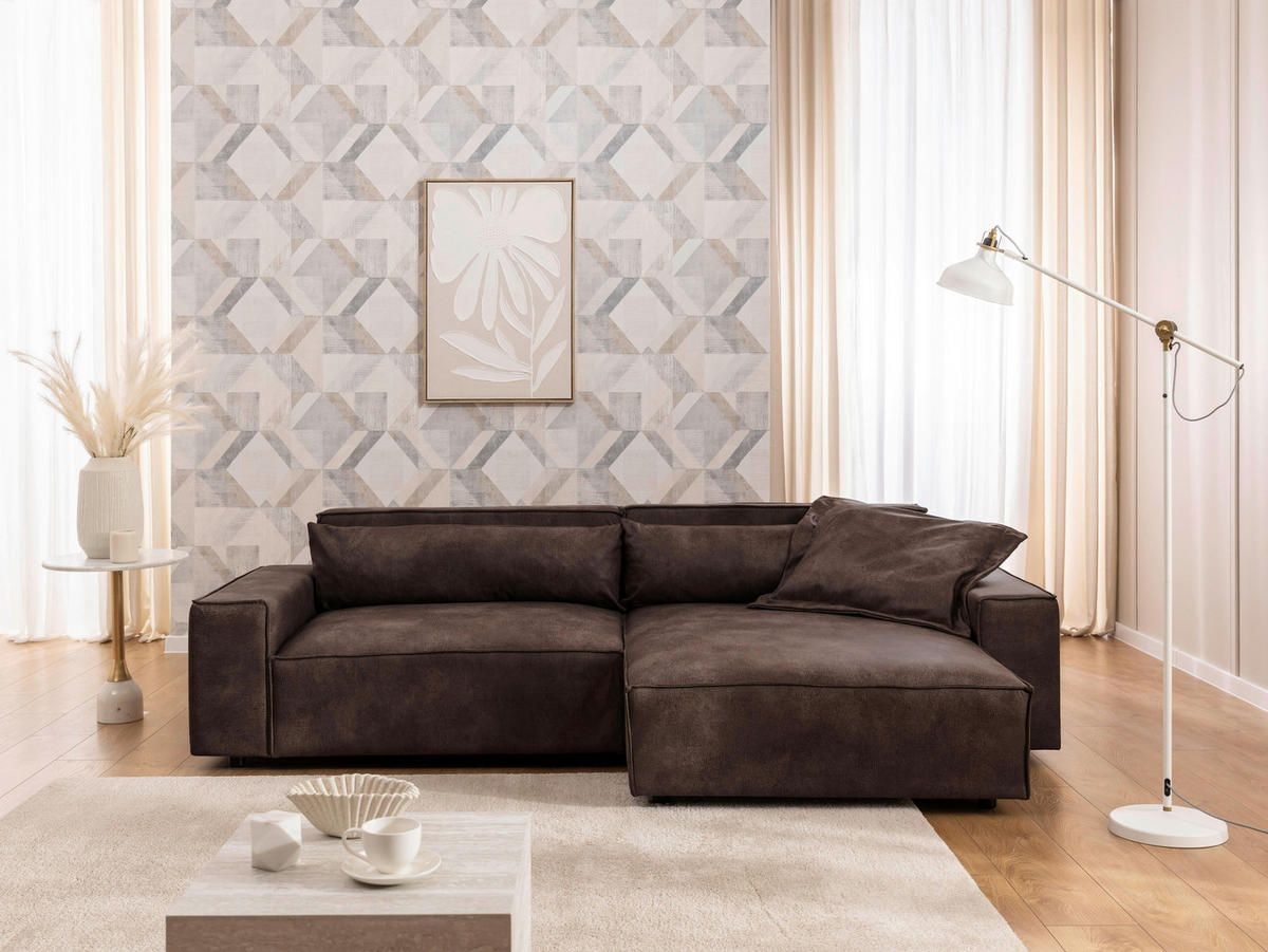 ECKSOFA Curduroy in Lederlook Dunkelbraun Rückenkissen  251/142 cm  - Dunkelbraun/Schwarz, Design, Kunststoff/Textil (251/142cm) - P & B