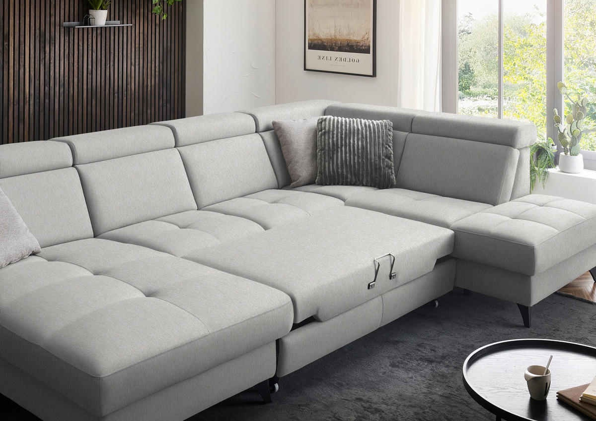 WOHNLANDSCHAFT Flachgewebe Sandfarben  - Sandfarben/Schwarz, Konventionell, Textil/Metall (174/333/215cm) - Beldomo System
