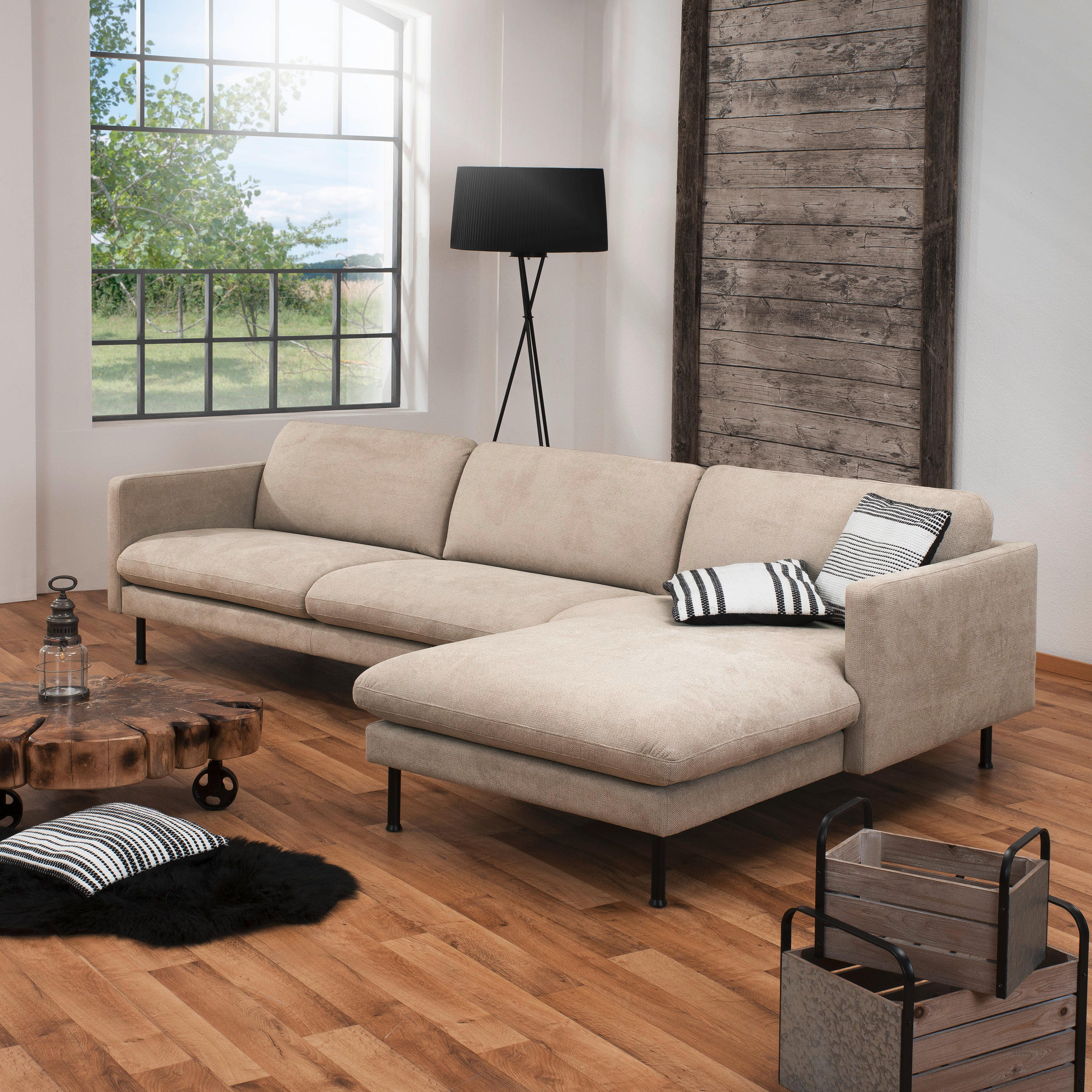 ECKSOFA Beige Flachgewebe  - Beige/Schwarz, MODERN, Textil/Metall (286/78/123cm) - Max Winzer
