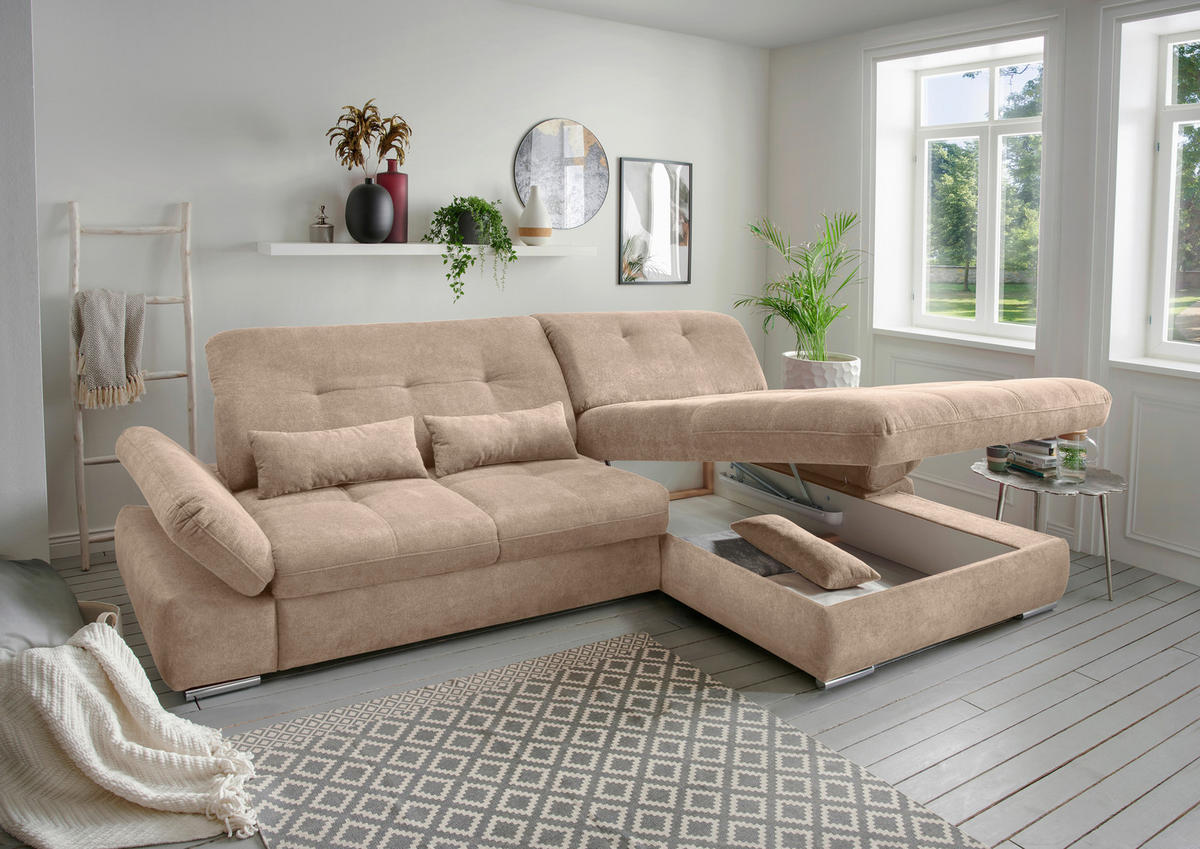 ECKSOFA in Chenille Hellbraun  - Chromfarben/Hellbraun, MODERN, Textil/Metall (300/196cm) - Livetastic
