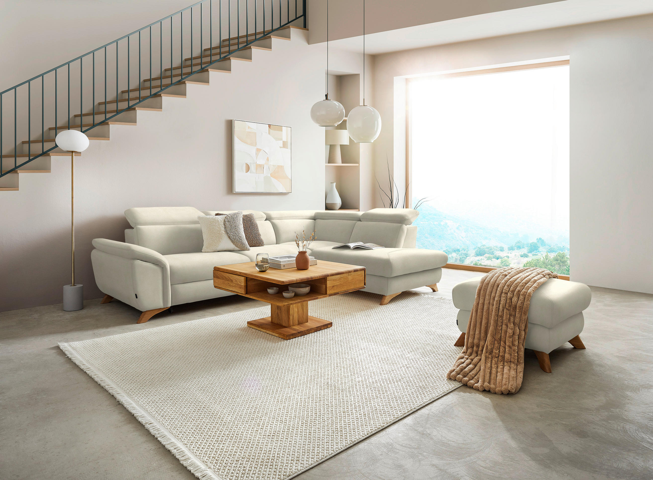 ECKSOFA in Flachgewebe Creme  - Eichefarben/Creme, Modern, Holz/Textil (287/212cm) - Valnatura