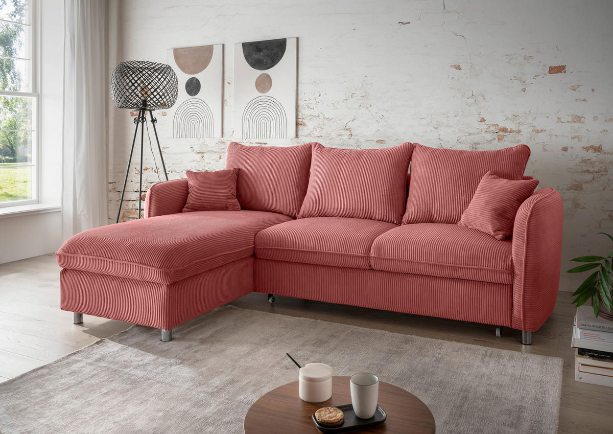 ECKSCHLAFSOFA in Cord Koralle  - Chromfarben/Koralle, Modern, Textil/Metall (254/160cm) - Livetastic