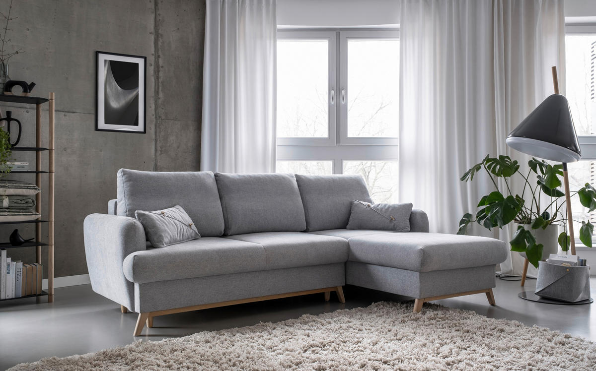 ECKSOFA in Chenille Hellgrau  - Hellgrau/Naturfarben, Holz/Textil (235/157cm) - MID.YOU