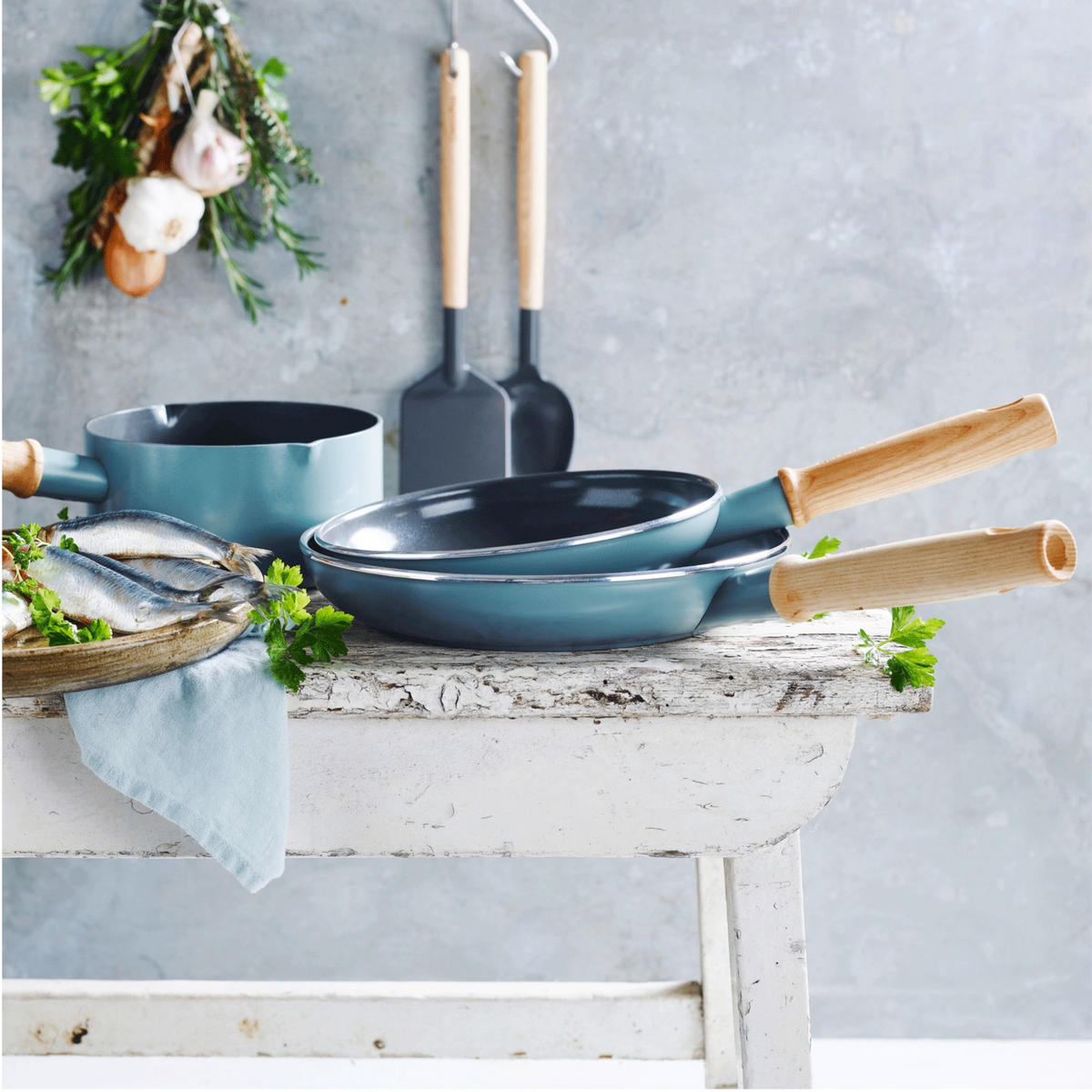 KOCHTOPFSET Mayflower 3-teilig  - Schwarz/Hellblau, Basics, Holz/Metall - GreenPan