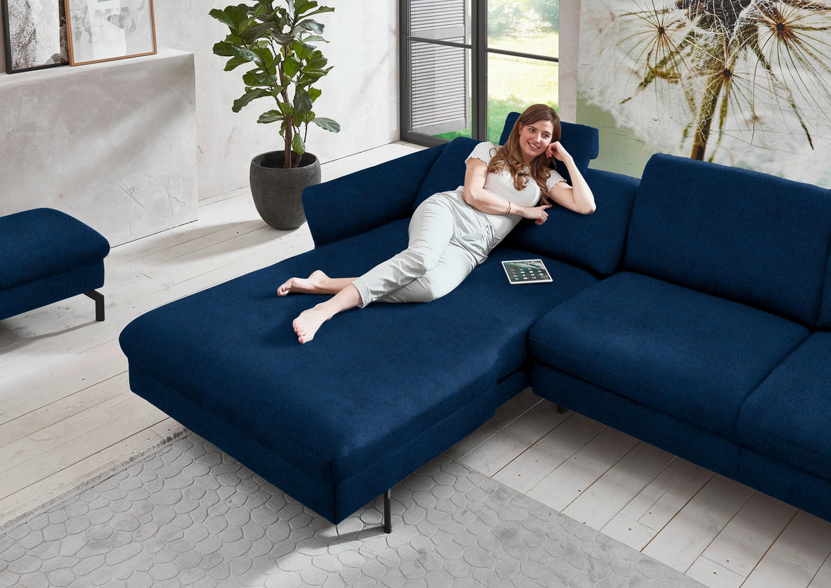 ECKSOFA in Velours Dunkelblau  - Schwarz/Dunkelblau, Design, Textil/Metall (179/306cm) - Beldomo System
