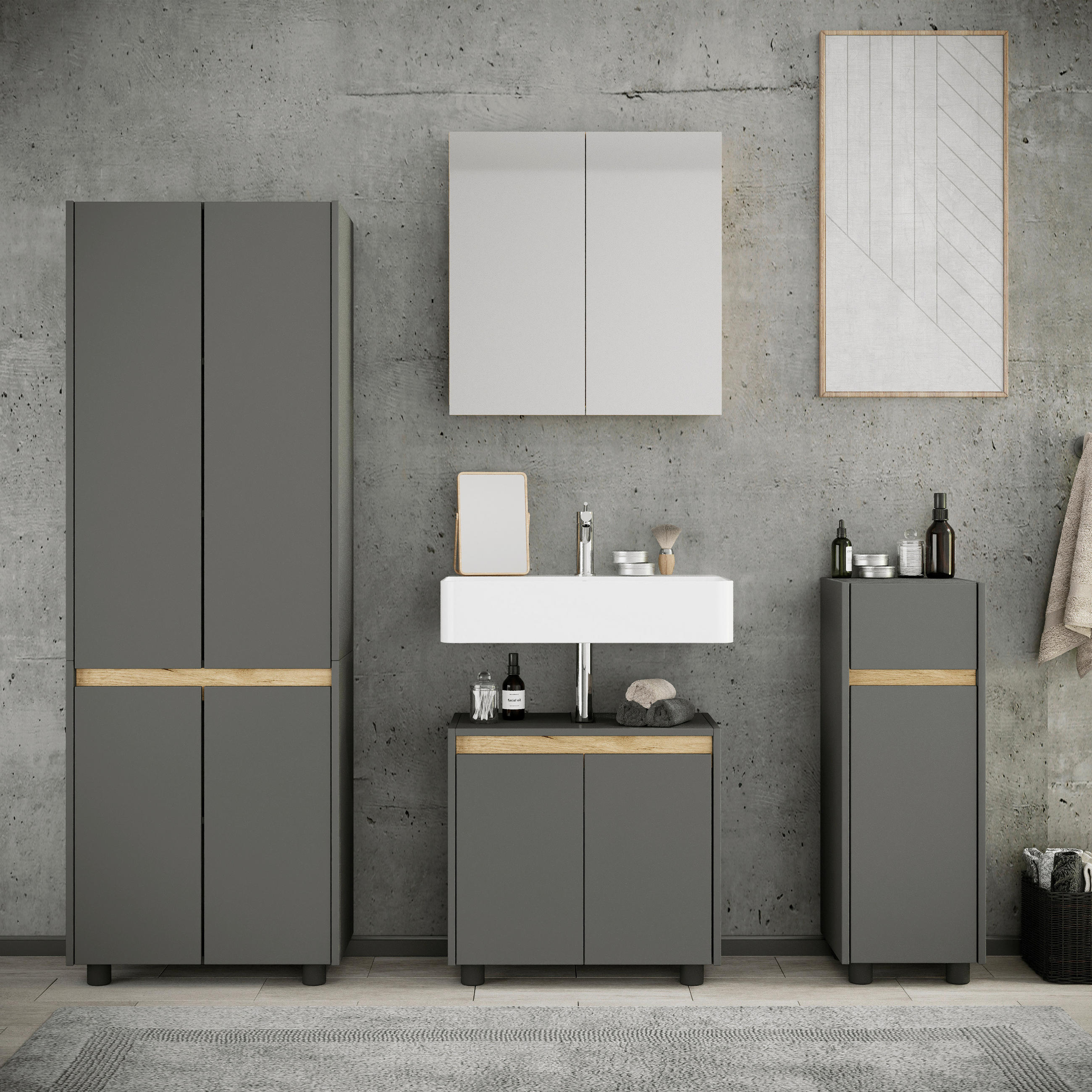BADEZIMMER 4-teilig  in 154 cm  - Honigeiche/Anthrazit, Trend, Holzwerkstoff/Kunststoff (154cm) - MID.YOU