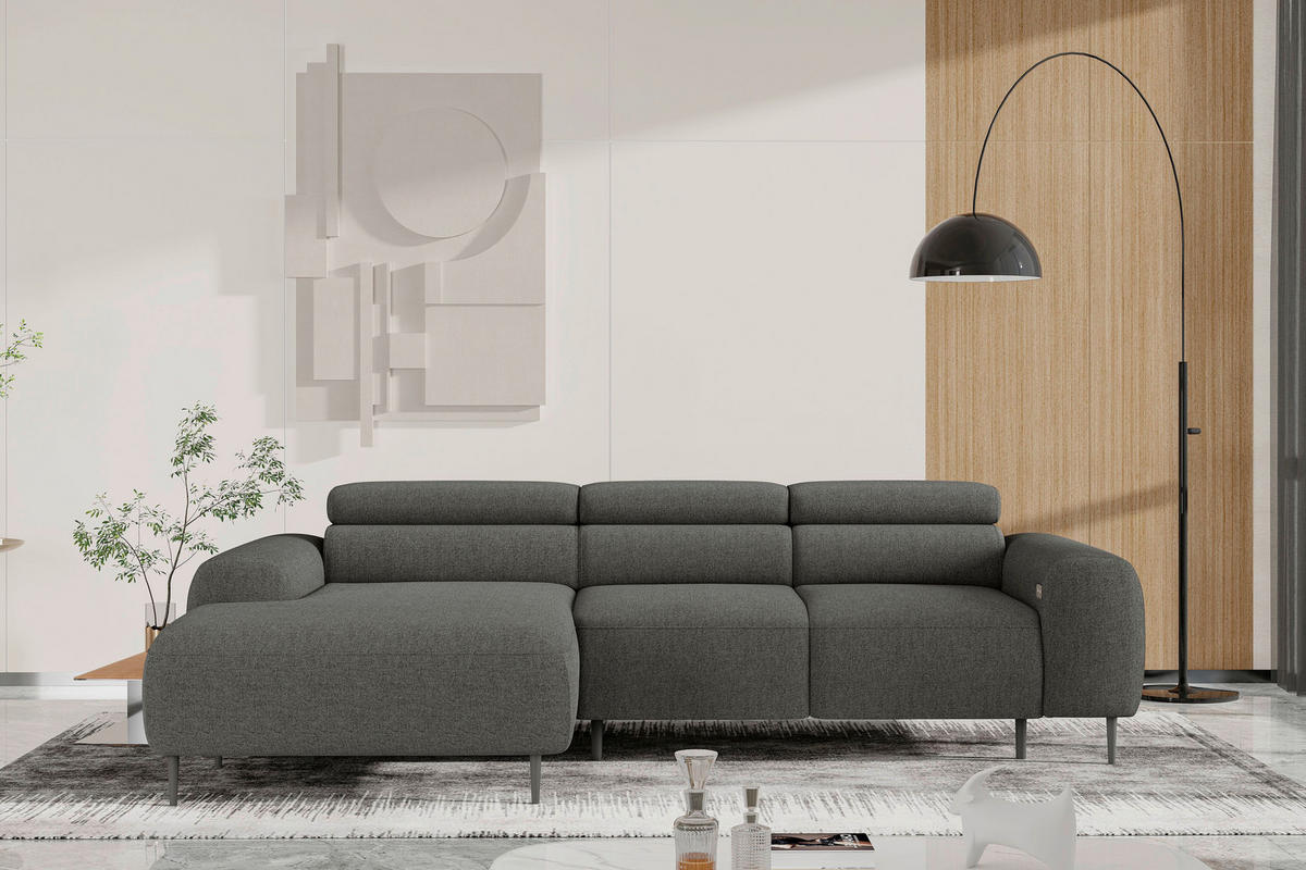 ECKSOFA Anthrazit Struktur Rücken echt, Kopfteilverstellung, Sitztiefenverstellung  - Anthrazit/Schwarz, MODERN, Textil/Metall (179/274cm) - Welnova