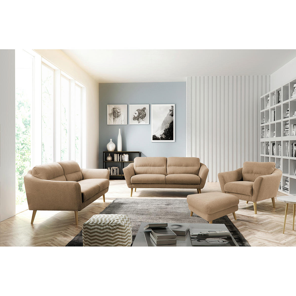 HOCKER in Textil Beige  - Beige/Buchefarben, Design, Holz/Textil (61/49/65cm) - Livetastic