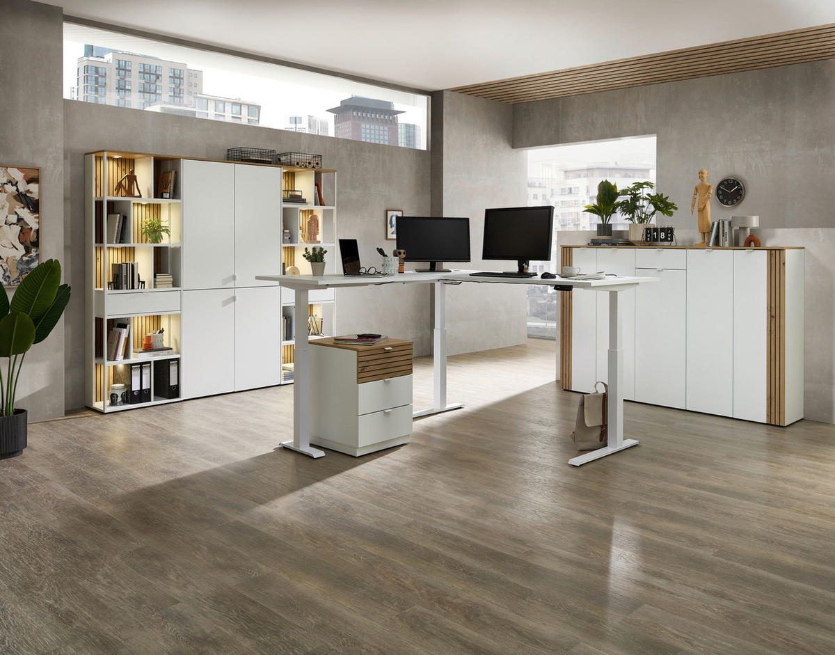 SCHREIBTISCH 150/77/73 cm Weiß, Eiche Artisan Kabeldurchlass, Stauraum  - Weiß/Eiche Artisan, KONVENTIONELL, Holzwerkstoff/Metall (150/77/73cm) - Voleo