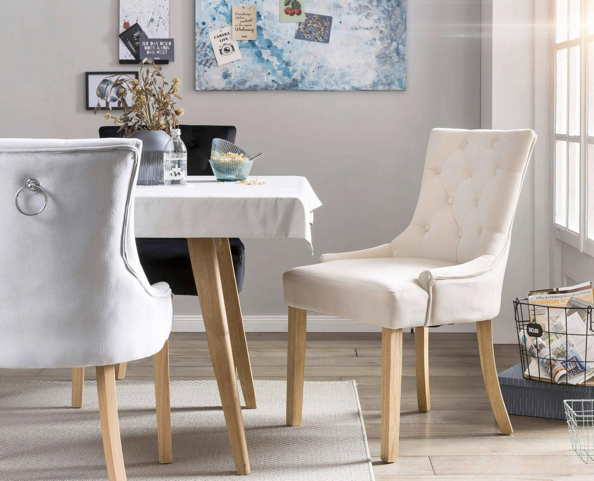 STUHL-SET 2 Stück  Samt  Creme, Naturfarben  - Creme/Naturfarben, MODERN, Holz/Textil (56/91/63cm) - MID.YOU