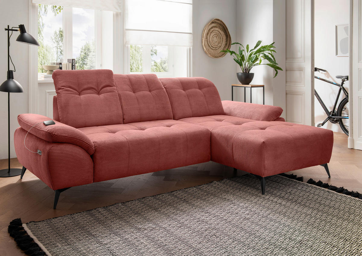 ECKSOFA FIORE in Cord Koralle Kopfteilverstellung, Sitzvorzug  280/180 cm  - Koralle/Schwarz, MODERN, Textil/Metall (280/180cm) - Livetastic