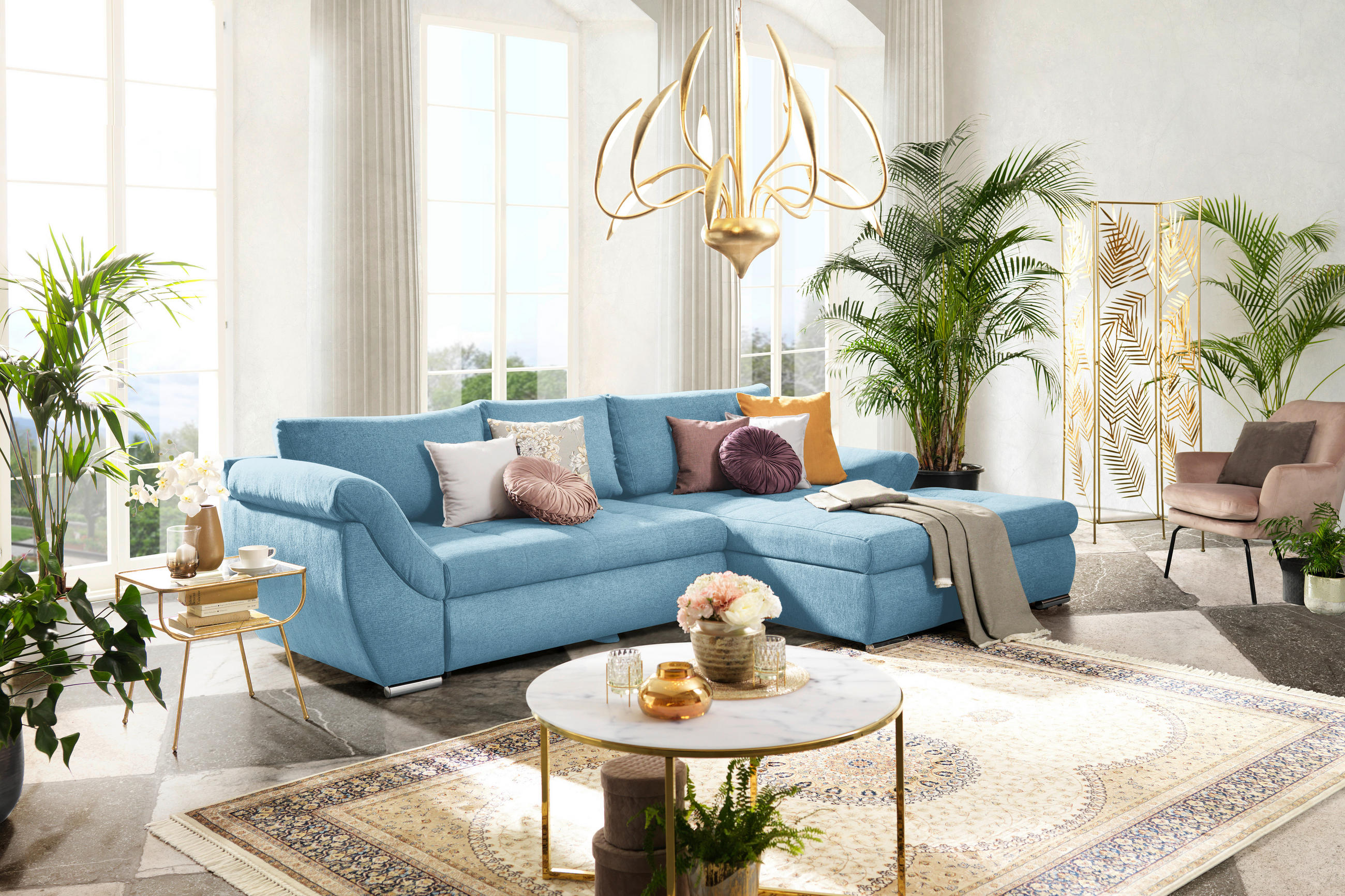 ECKSOFA Blau Flachgewebe  - Blau/Silberfarben, Design, Textil/Metall (306/174cm) - Carryhome