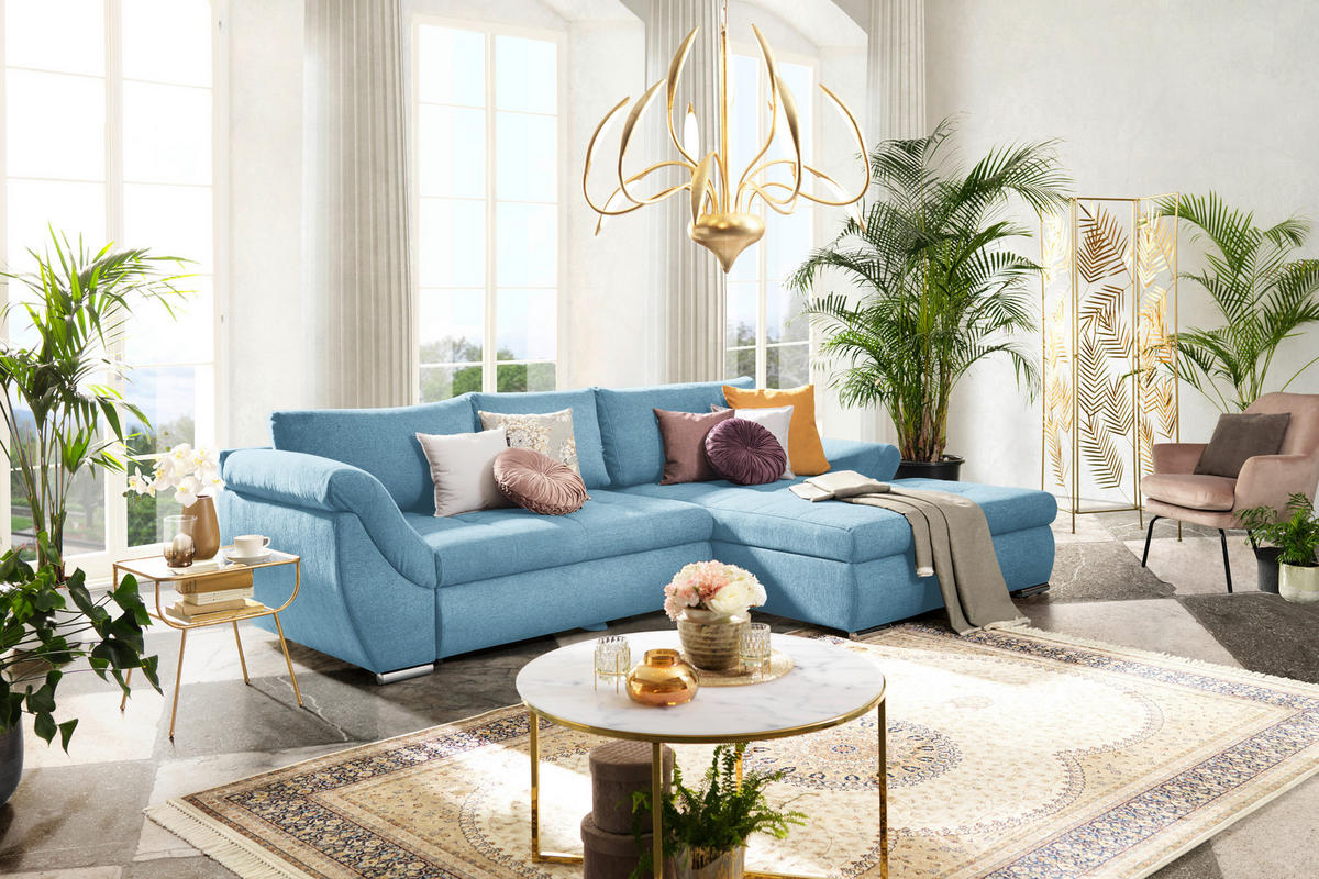 ECKSOFA in Flachgewebe Blau  - Blau/Silberfarben, Design, Textil/Metall (306/174cm) - MID.YOU
