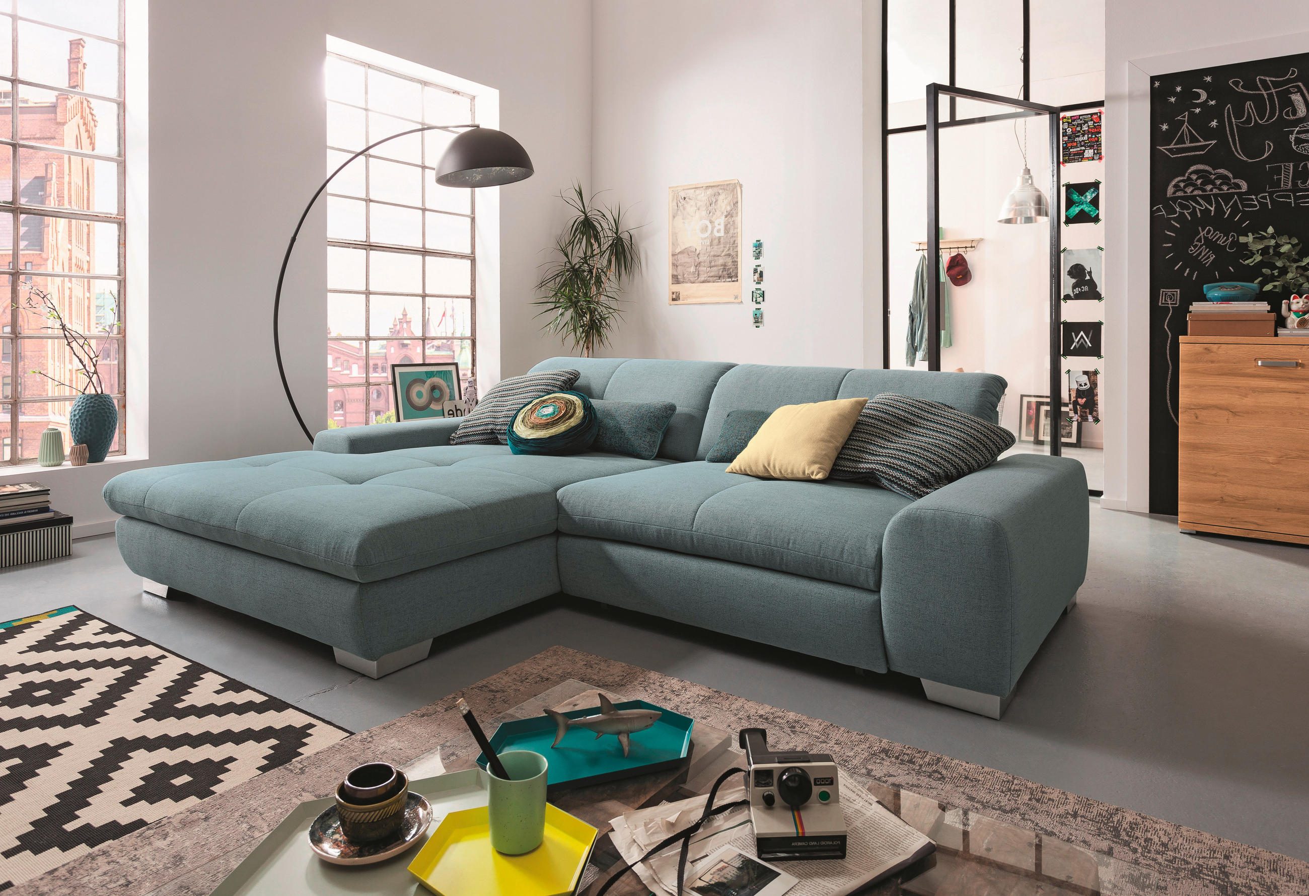 ECKSOFA Hellblau Flachgewebe  - Chromfarben/Hellblau, Design, Textil/Metall (198/276cm) - SetOne by Musterring