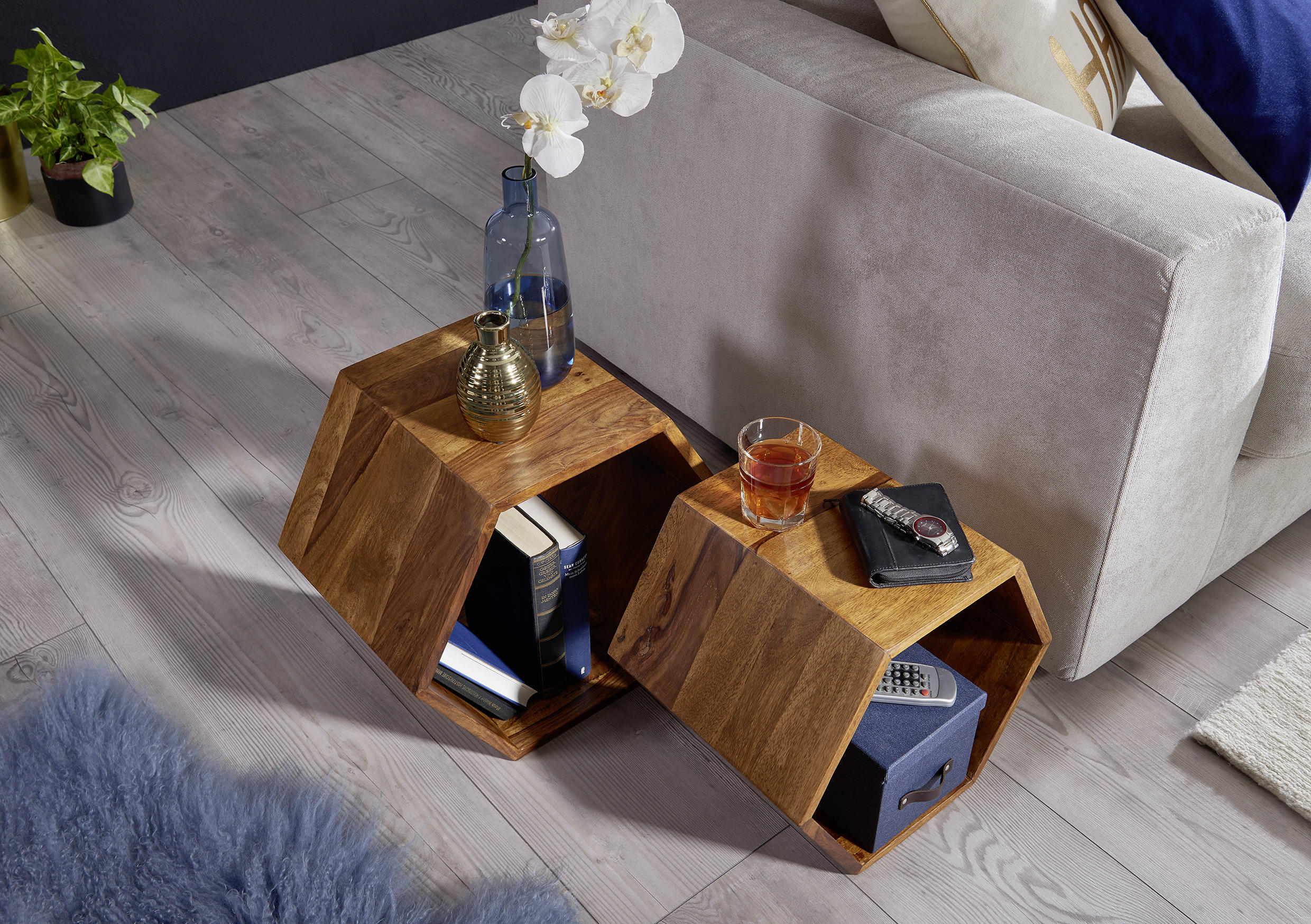 Thumbnail - Mid.you Beistelltisch, Sheesham, Holz, 2-teilig, Sheesham, massiv, sechseckig, Bodenplatte, 30x40x46 cm, Wohnzimmer, Woh...