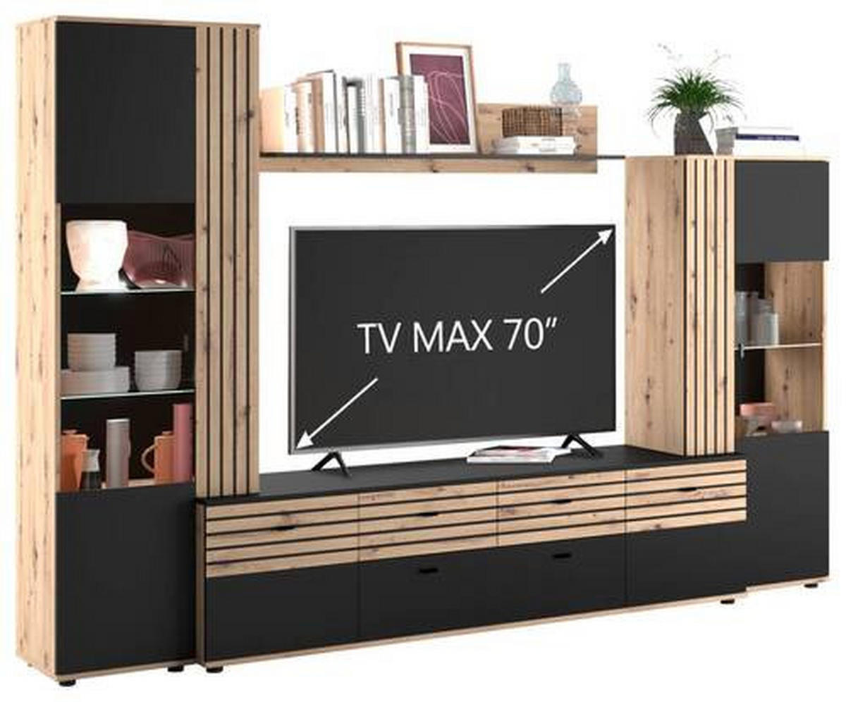 WOHNWAND  in Schwarz, Eiche Artisan  300/199,8/45 cm  - Schwarz/Eiche Artisan, KONVENTIONELL, Glas/Holzwerkstoff (300/199,8/45cm) - Carryhome