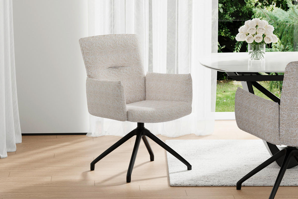 ARMLEHNSTUHL  Sitzfläche 360° drehbar, inklusive Armlehnen, automatische Rückholfunktion Webstoff  - Beige/Schwarz, Design, Textil/Metall (65/91/65cm) - Novel